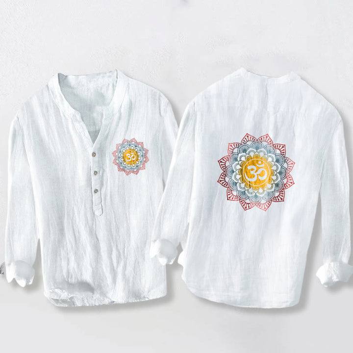 Buddha Stonesハーフボタン マンダラ オムシンボル柄 メンズ コットンリネン 長袖シャツ - 白 - US/UK/AU50、EU60 (5XL) - image 0