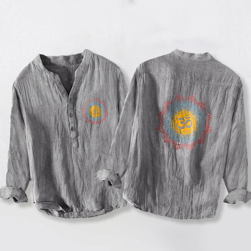 Buddha Stonesハーフボタン マンダラ オムシンボル柄 メンズ コットンリネン 長袖シャツ - グレー - US/UK/AU50、EU60 (5XL) - image 6
