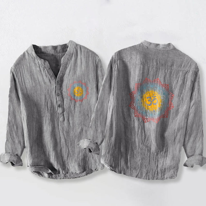 Buddha Stonesハーフボタン マンダラ オムシンボル柄 メンズ コットンリネン 長袖シャツ - グレー - US/UK/AU50、EU60 (5XL) - image 6