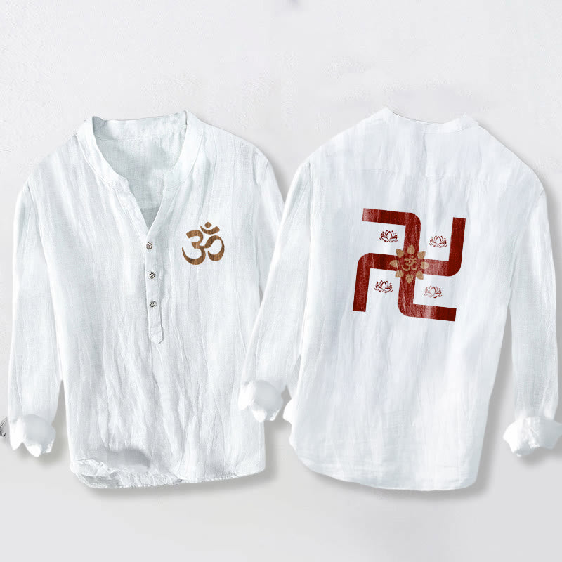 Buddha Stonesハーフボタン 蓮華 卍 オムシンボル柄 メンズ コットンリネン 長袖シャツ - 白 - US/UK/AU50、EU60 (5XL) - image 6