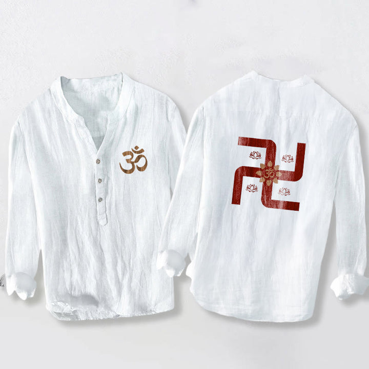 Buddha Stonesハーフボタン 蓮華 卍 オムシンボル柄 メンズ コットンリネン 長袖シャツ - 白 - US/UK/AU50、EU60 (5XL) - image 6