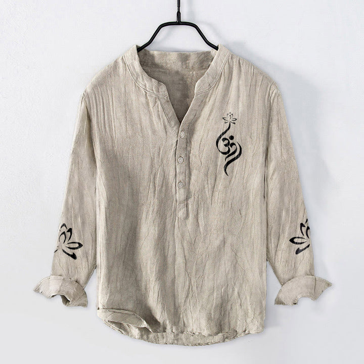 Buddha Stonesハーフボタン 蓮の花 Om シンボル プリント柄 メンズ コットンリネン 長袖シャツ - リネン - US/UK/AU50、EU60 (5XL) - image 3