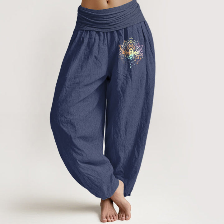 Buddha Stones純綿 虹色 蓮柄 レディース 伸縮性ウエスト ハーレムパンツ - ダークスレートブルー - US22、 UK/AU26、 EU54 (6XL) - image 0