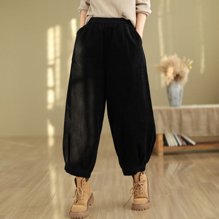 Buddha Stones無地 伸縮性ウエストバンドデザイン レディース コーデュロイ ハーレムパンツ ポケット付き - 黒 - US8-10,UK/AU12-14,EU40-42 (2XL) - image 6