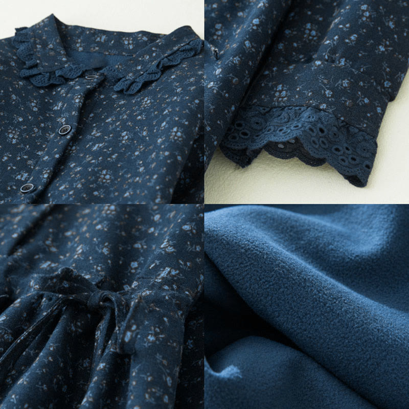 Buddha Stonesの花柄レースパッチワークデザイン長袖コーデュロイミディドレス(ポケット付き) - image 11