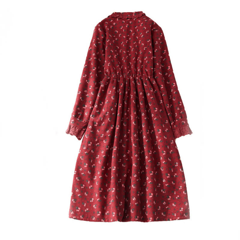 Buddha Stonesの花柄レースパッチワークデザイン長袖コーデュロイミディドレス(ポケット付き) - image 3