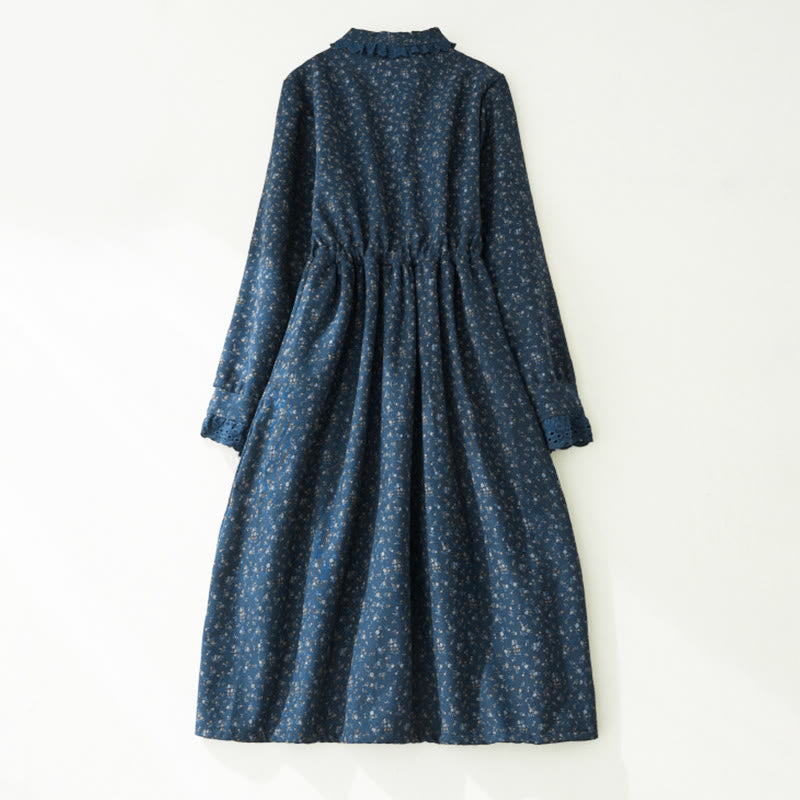 Buddha Stonesの花柄レースパッチワークデザイン長袖コーデュロイミディドレス(ポケット付き) - image 9