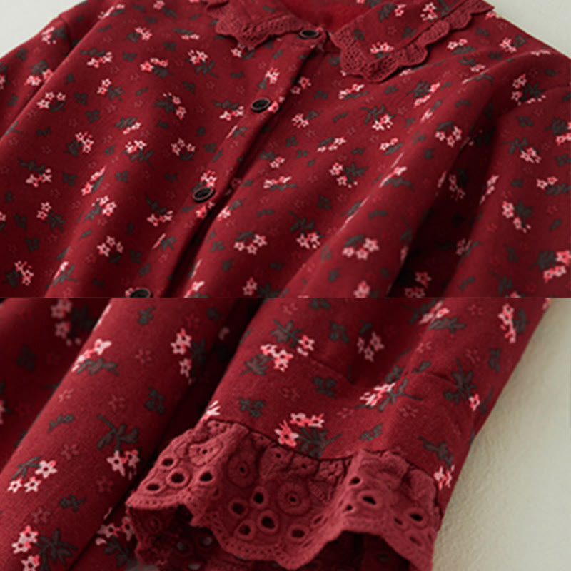 Buddha Stonesの花柄レースパッチワークデザイン長袖コーデュロイミディドレス(ポケット付き) - image 4