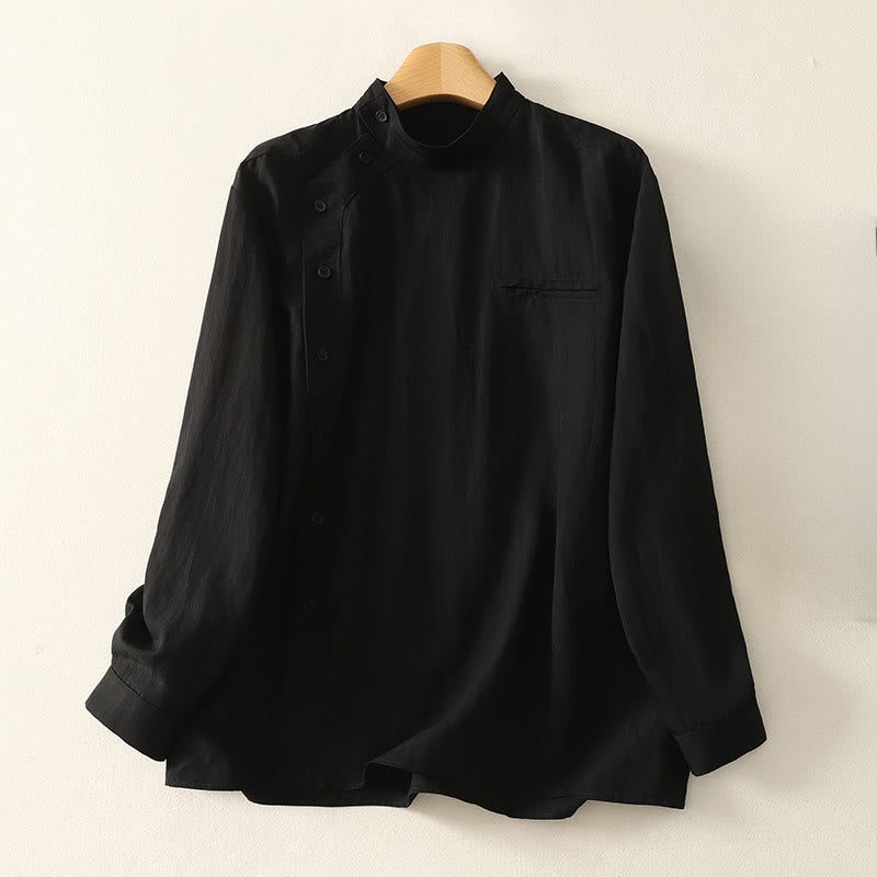 Buddha Stones秋スタンドカラー中国風フロッグボタンシンプルデザイン長袖レディースコットンシャツ - 黒 - US8-10,UK/AU12-14,EU40-42 (2XL) - image 11