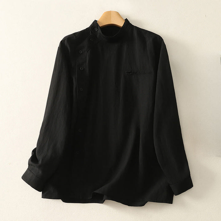 Buddha Stones秋スタンドカラー中国風フロッグボタンシンプルデザイン長袖レディースコットンシャツ - 黒 - US8-10,UK/AU12-14,EU40-42 (2XL) - image 11