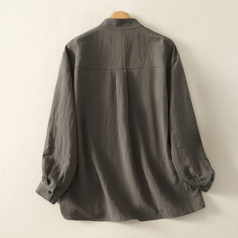 Buddha Stones秋スタンドカラー中国風フロッグボタンシンプルデザイン長袖レディースコットンシャツ - image 1