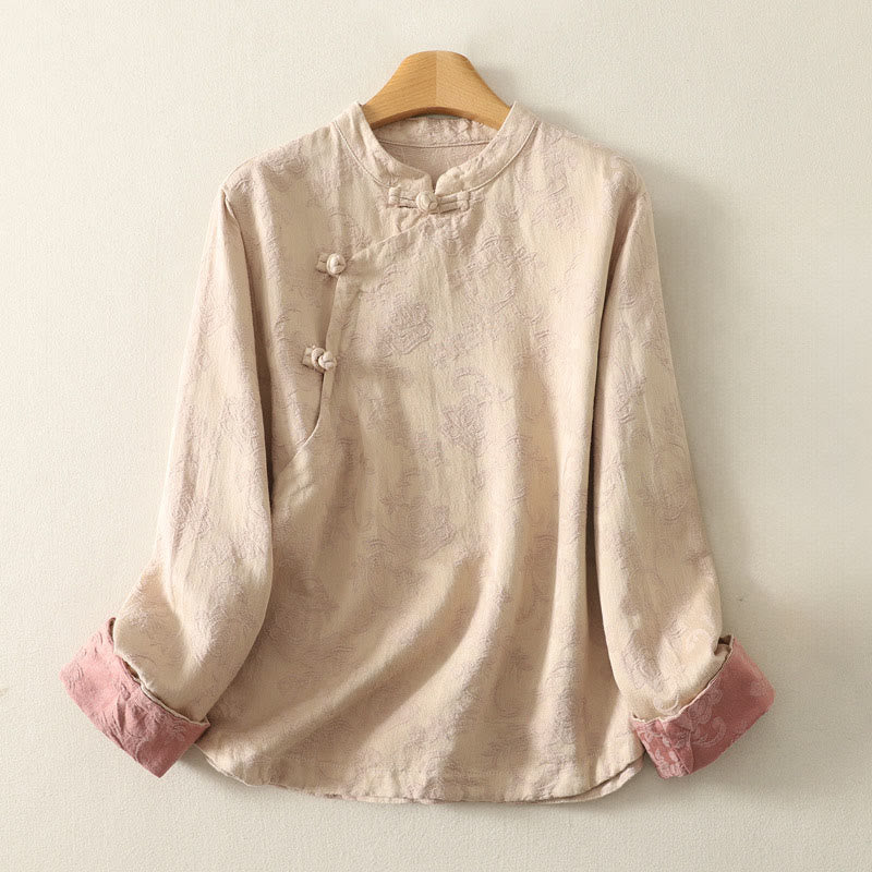 Buddha Stones春の無地ジャカードデザイン レディース コットン 禅 長袖シャツ - ブランチドアーモンド - US8-10,UK/AU12-14,EU40-42 (2XL) - image 5