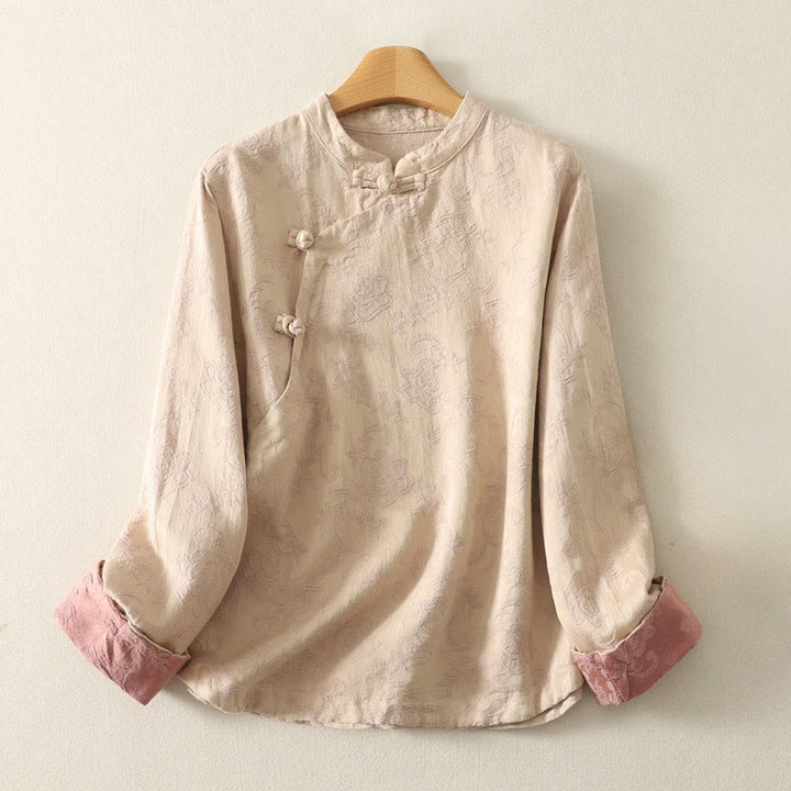 Buddha Stones春の無地ジャカードデザイン レディース コットン 禅 長袖シャツ - ブランチドアーモンド - US8-10,UK/AU12-14,EU40-42 (2XL) - image 5