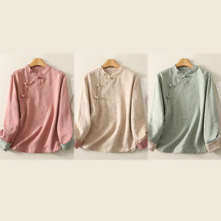 Buddha Stones春の無地ジャカードデザイン レディース コットン 禅 長袖シャツ - image 23