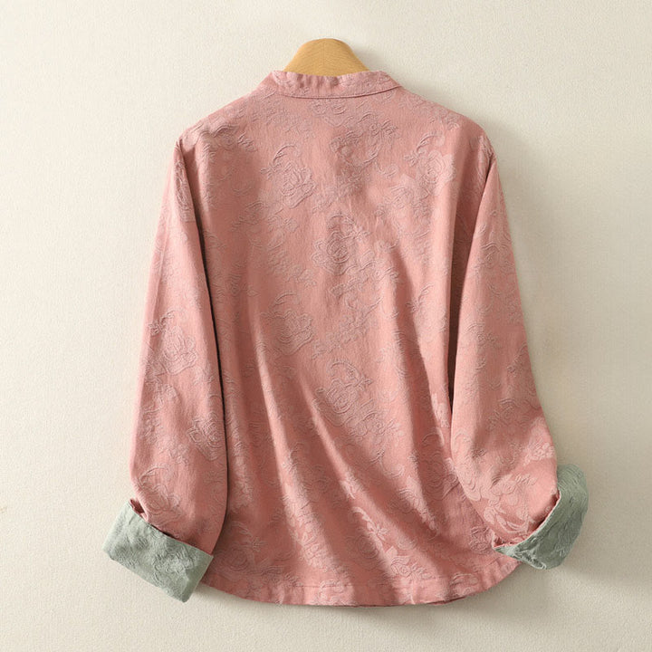 Buddha Stones春の無地ジャカードデザイン レディース コットン 禅 長袖シャツ - image 11