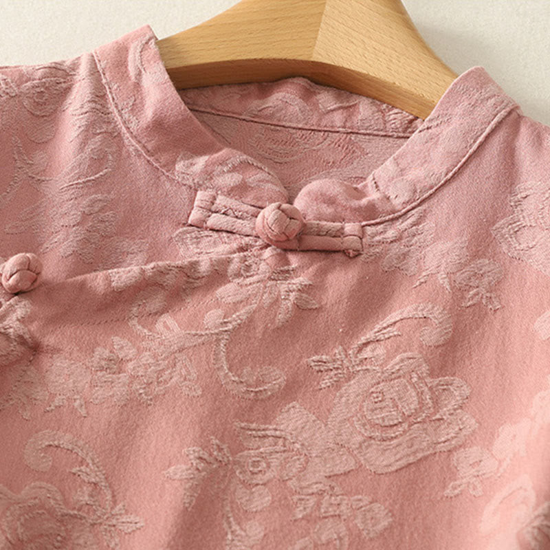 Buddha Stones春の無地ジャカードデザイン レディース コットン 禅 長袖シャツ - image 12