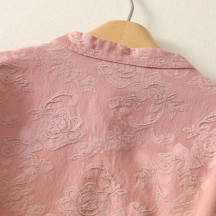 Buddha Stones春の無地ジャカードデザイン レディース コットン 禅 長袖シャツ - image 14