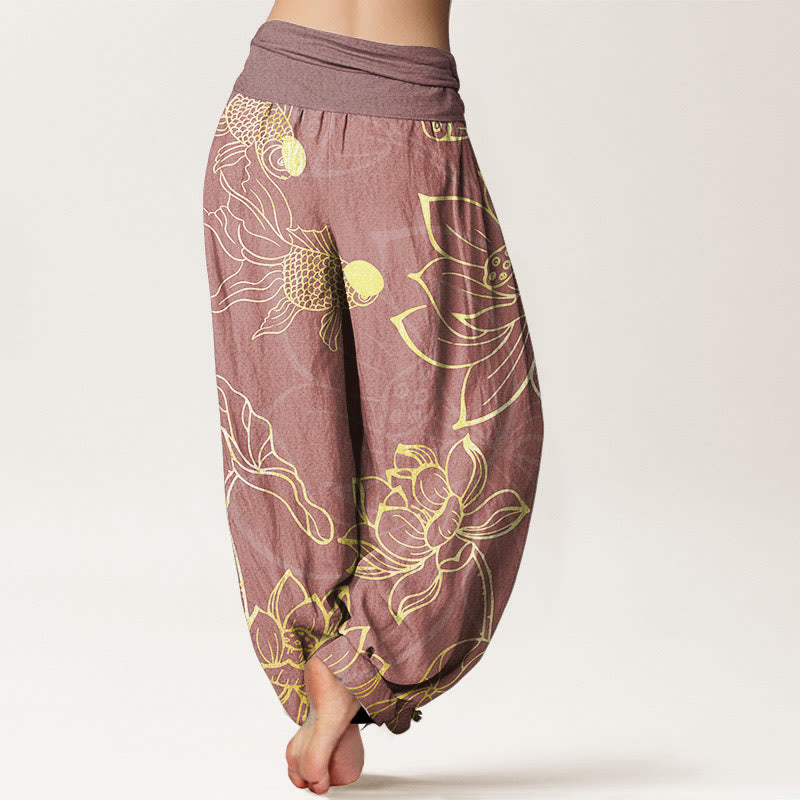 Buddha Stones純綿 蓮の葉 鯉 レディース 伸縮性ウエスト ハーレムパンツ - image 7