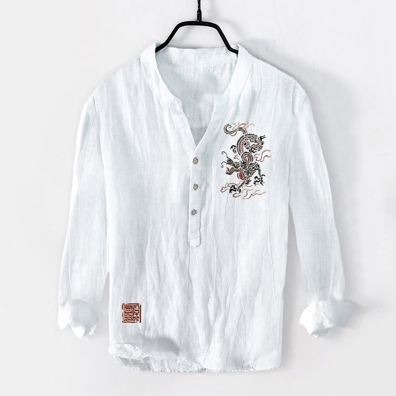 Buddha Stones龍中国印章柄半ボタンメンズコットンリネン長袖シャツ - 白 - US/UK/AU50、EU60 (5XL) - image 6