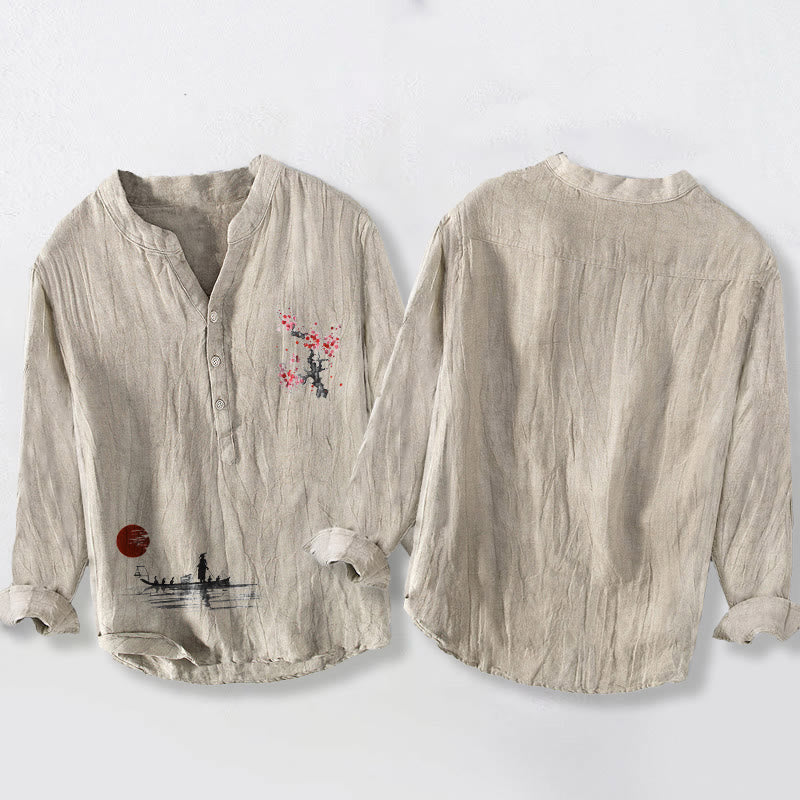 Buddha Stones、梅の花、太陽、漁師柄、ハーフボタン、メンズコットンリネン長袖シャツ - image 2
