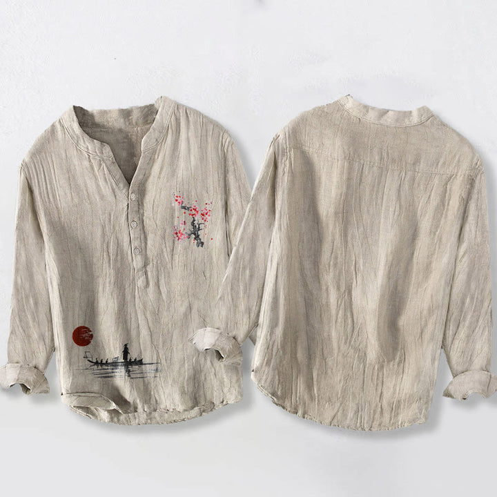 Buddha Stones、梅の花、太陽、漁師柄、ハーフボタン、メンズコットンリネン長袖シャツ - image 2