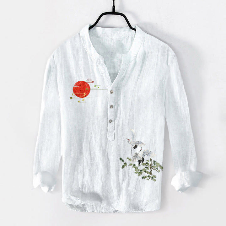 Buddha Stones、太陽、鶴、松の枝柄、ハーフボタン、メンズコットンリネン長袖シャツ - 白 - US/UK/AU50、EU60 (5XL) - image 3