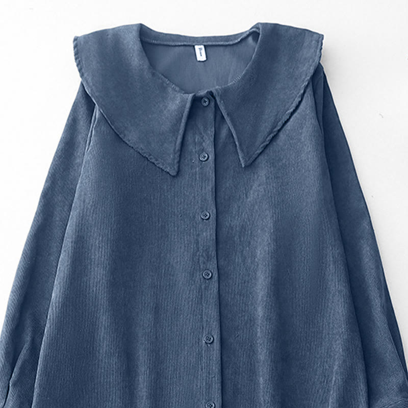 Buddha Stones秋 プレーンボタンデザイン 長袖 コーデュロイ ミディドレス ポケット付き - image 2