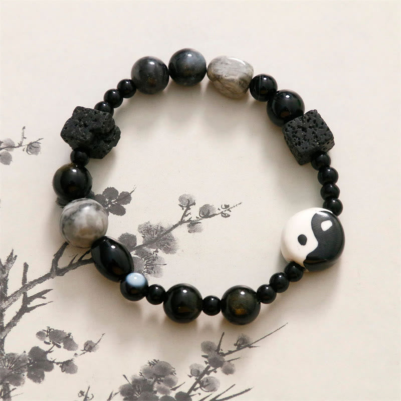Buddha Stonesブラックオニキス ピカソジャスパービーズ 陰陽幸運繁栄守護ブレスレット