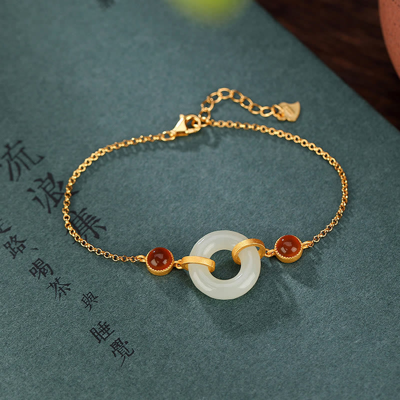 Buddha Stones 925スターリングシルバー ゴールドメッキ 天然和田翡翠 平和バックル 赤瑪瑙 幸運ブレスレット