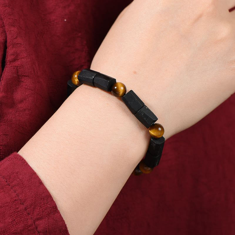 Buddha Stones天然ブラックトルマリン タイガーアイ ポジティブブレスレット