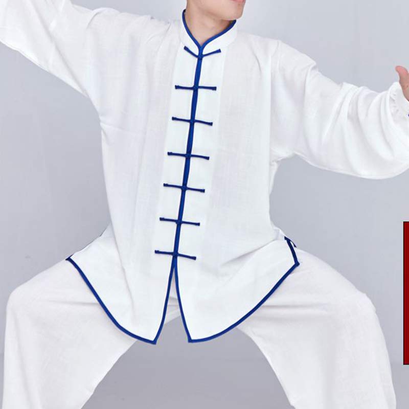 Buddha Stones瞑想禅祈りスピリチュアル太極拳気功練習ユニセックス刺繍服セット - ホワイト+ブルーエッジロングスリーブ - US14、 UK/AU18、 EU46 (3XL) - image 10