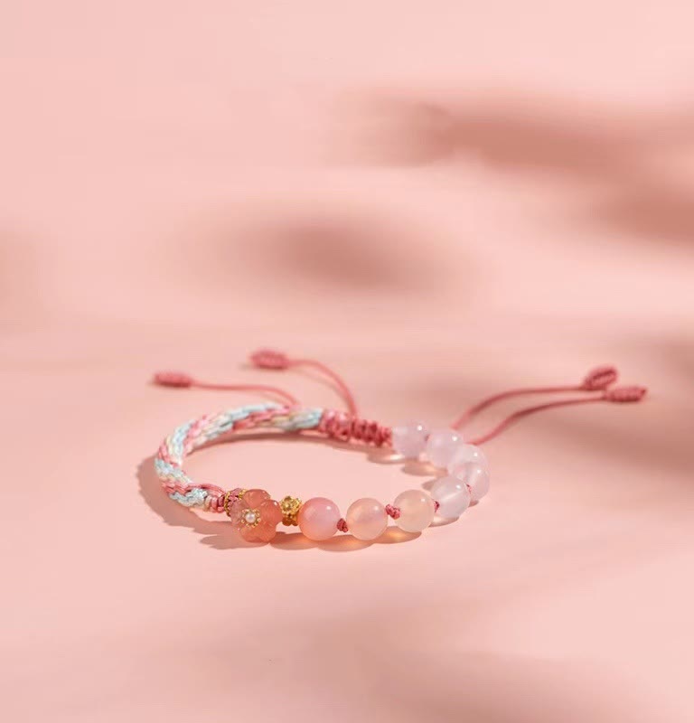 Buddha Stones天然グラデーション瑪瑙 輪廻結び 桃の花 富と幸運 手作り 紐ブレスレット