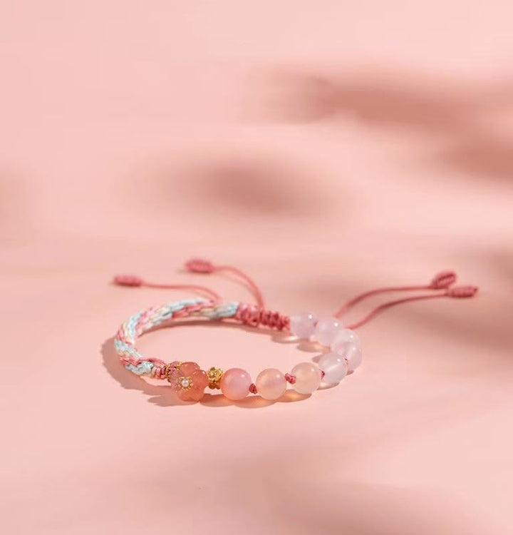 Buddha Stones天然グラデーション瑪瑙 輪廻結び 桃の花 富と幸運 手作り 紐ブレスレット