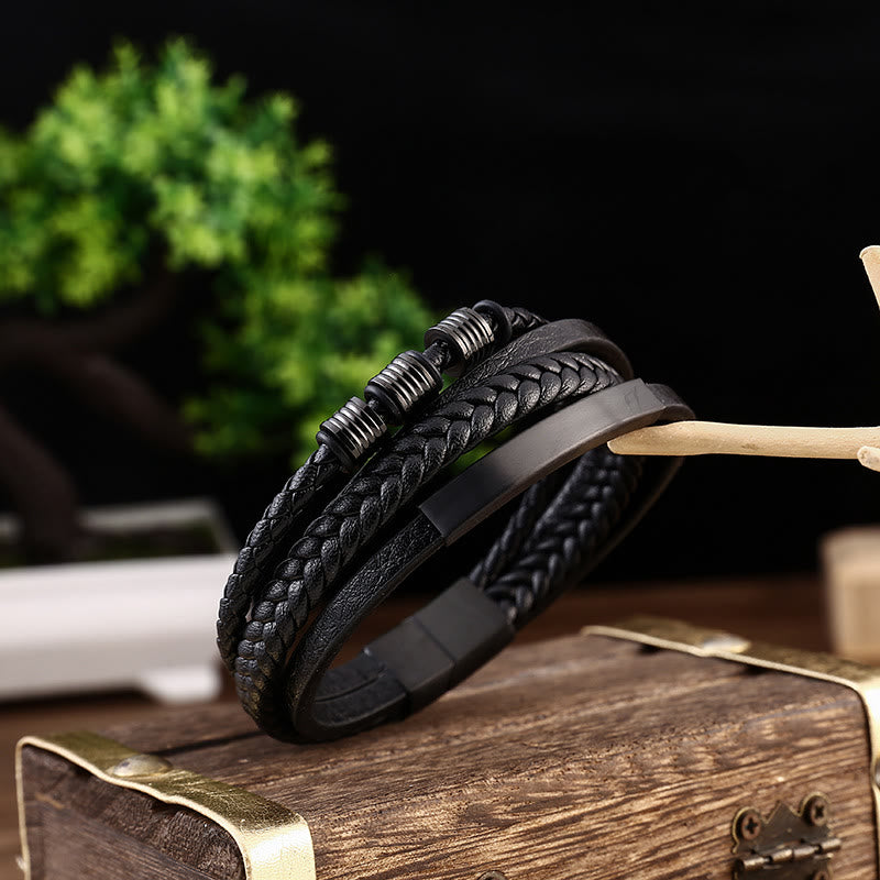 Buddha Stonesレザー多層チタン鋼バランス編み込み磁気バックルブレスレット