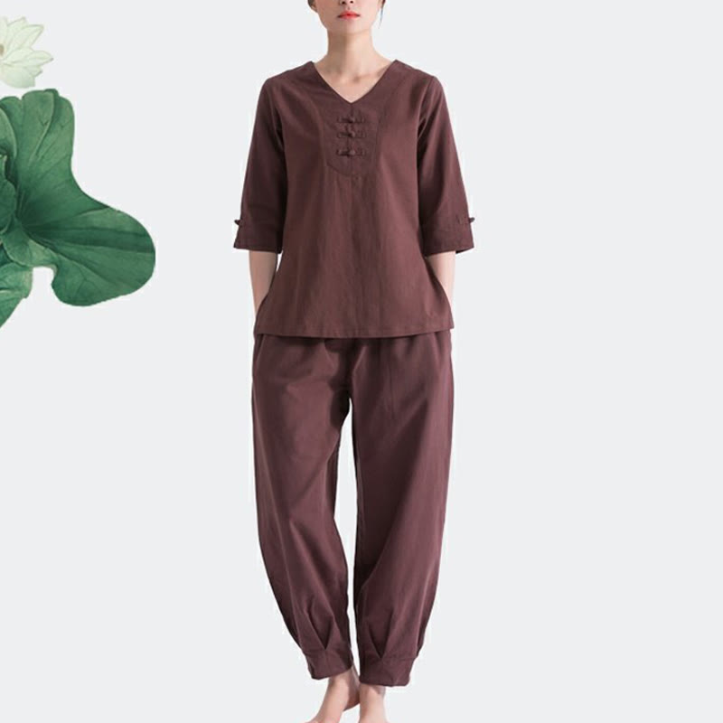 Buddha Stonesヨガ瞑想祈りVネックデザインコットンリネン服ユニフォーム禅練習レディースセット
