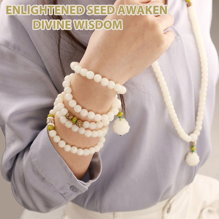 Buddha Stones 白翡翠&菩提樹ビーズ マーラ 念珠ネックレス 蓮チャーム付き