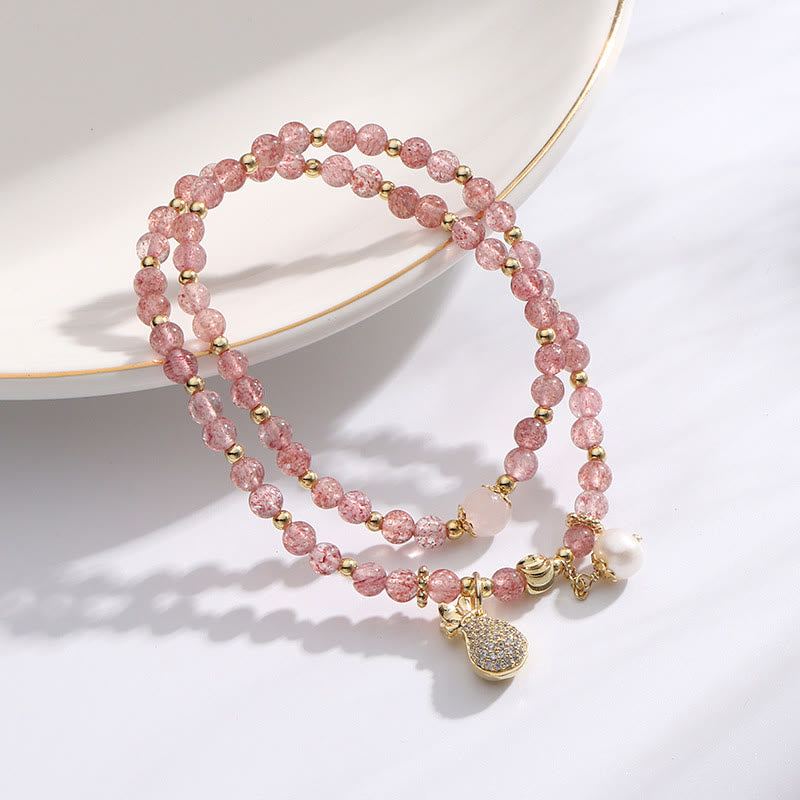 Buddha Stonesストロベリークォーツ マネーバッグ ポジティブチャーム ダブルラップブレスレット