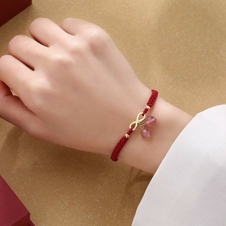 Buddha Stonesストロベリークォーツ クリスタル エンドレスノット ラブヒーリング レッドストリングウィーブブレスレット