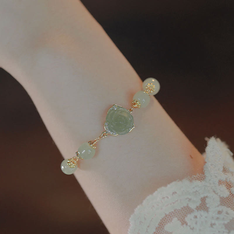 Buddha Stones14K ゴールドメッキ 和田翡翠 ローズフラワー 幸運のチェーンブレスレット