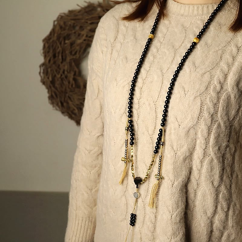 Buddha Stonesチベット 108 個Malaビーズ ブラックオニキス 三目 ジービーズ 守護ブレスレット