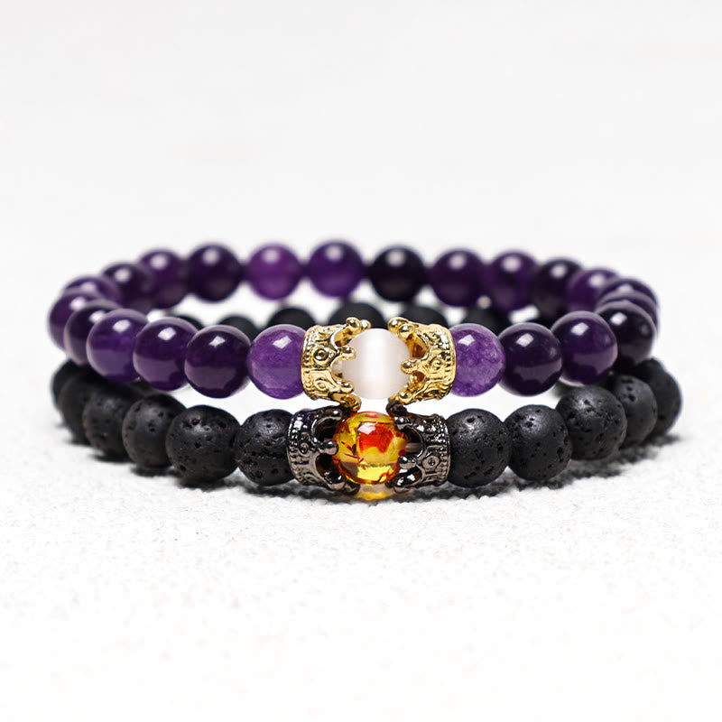 Buddha Stones天然石 キング&クイーン クラウン ヒーリング エネルギー ビーズ カップル ブレスレット