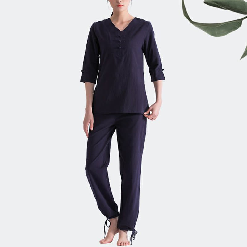 Buddha Stonesヨガ瞑想祈りVネックデザインコットンリネン服ユニフォーム禅練習レディースセット