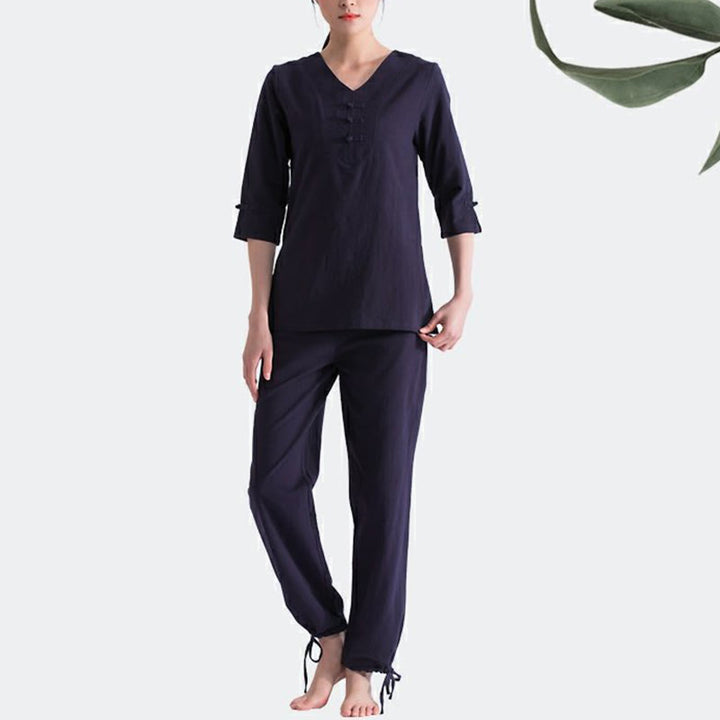 Buddha Stonesヨガ瞑想祈りVネックデザインコットンリネン服ユニフォーム禅練習レディースセット