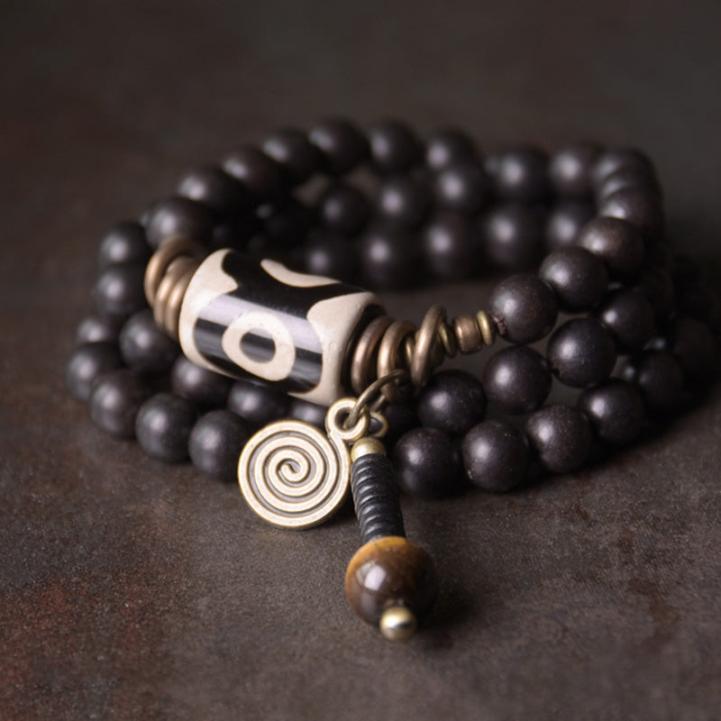 Buddha Stones黒檀 木製 Dzi ビーズ 銅 守護 カップル ブレスレット