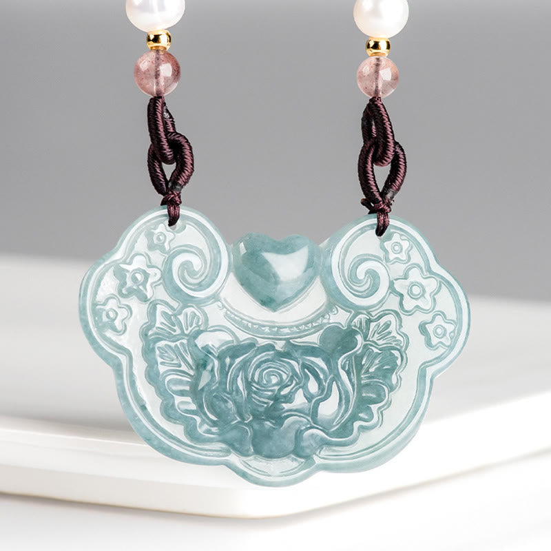 Buddha Stones天然翡翠牡丹花幸運の願いの鍵繁栄ネックレスペンダント