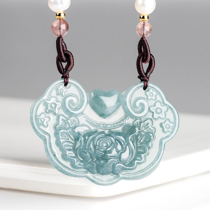 Buddha Stones天然翡翠牡丹花幸運の願いの鍵繁栄ネックレスペンダント