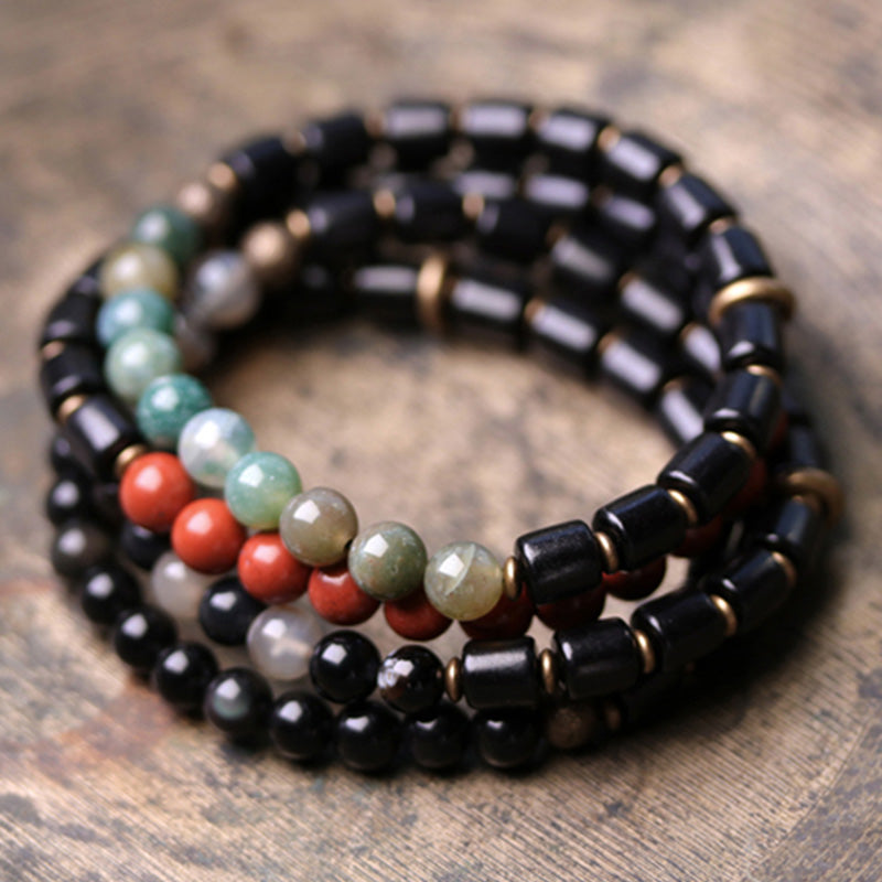 Buddha Stones、黒檀、赤ジャスパー、苔瑪瑙、水晶、銅、平和のカップルブレスレット