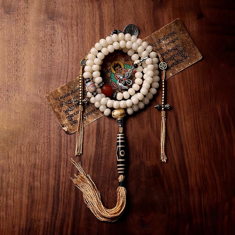 Buddha Stonesチベット 108Malaビーズ菩提樹種子八卦金剛 Dzi ビーズグレー瑪瑙富ブレスレット