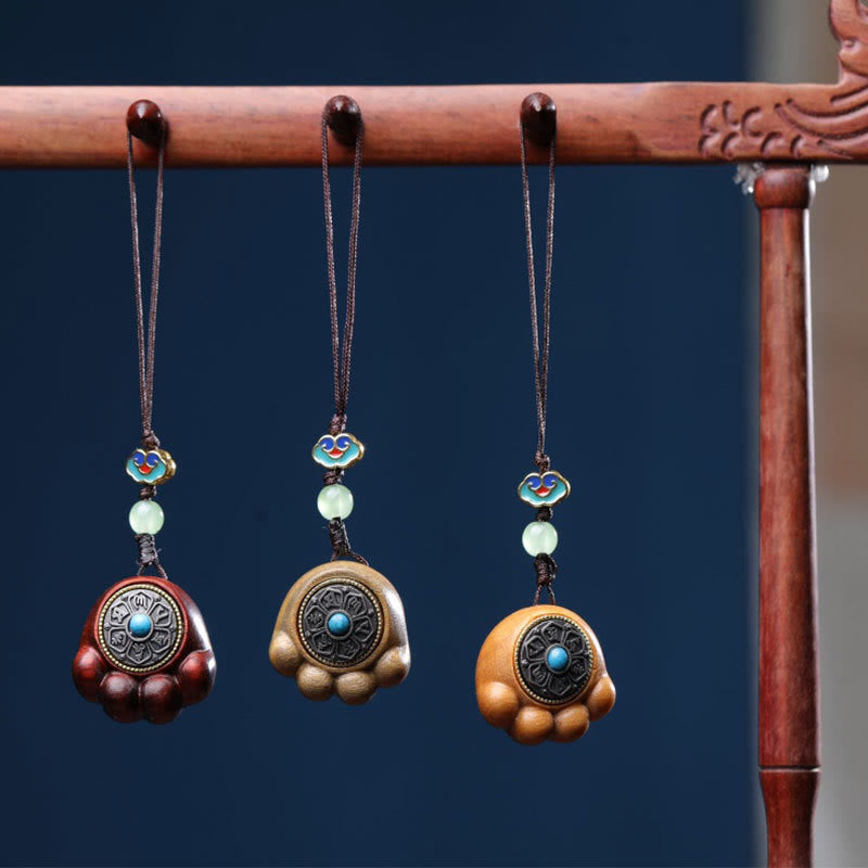 Buddha Stones白檀の小葉紫檀緑檀 招き猫の足爪オーム・マニ・パドメ・フム守護 携帯電話吊り下げ装飾 - image 1