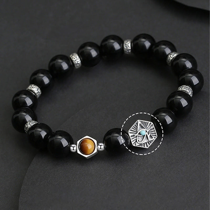 Buddha Stones925 スターリングシルバー ブラックオブシディアン タイガーアイ プロビデンスの目 浄化ブレスレット